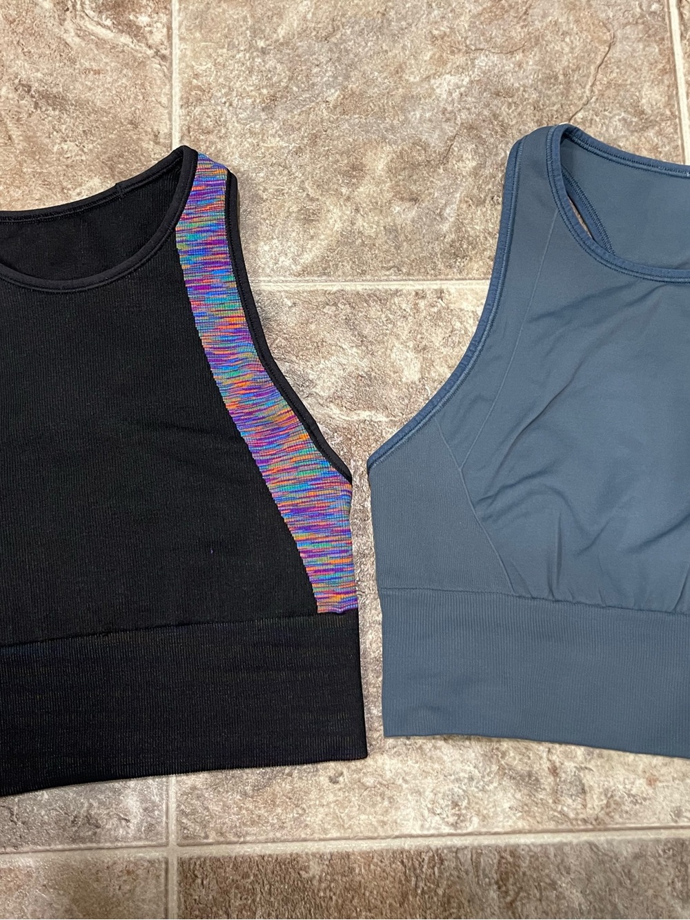 Set of 2 Sleeveless Sports Bras - Black with Multicolor Accent & Slate Blue